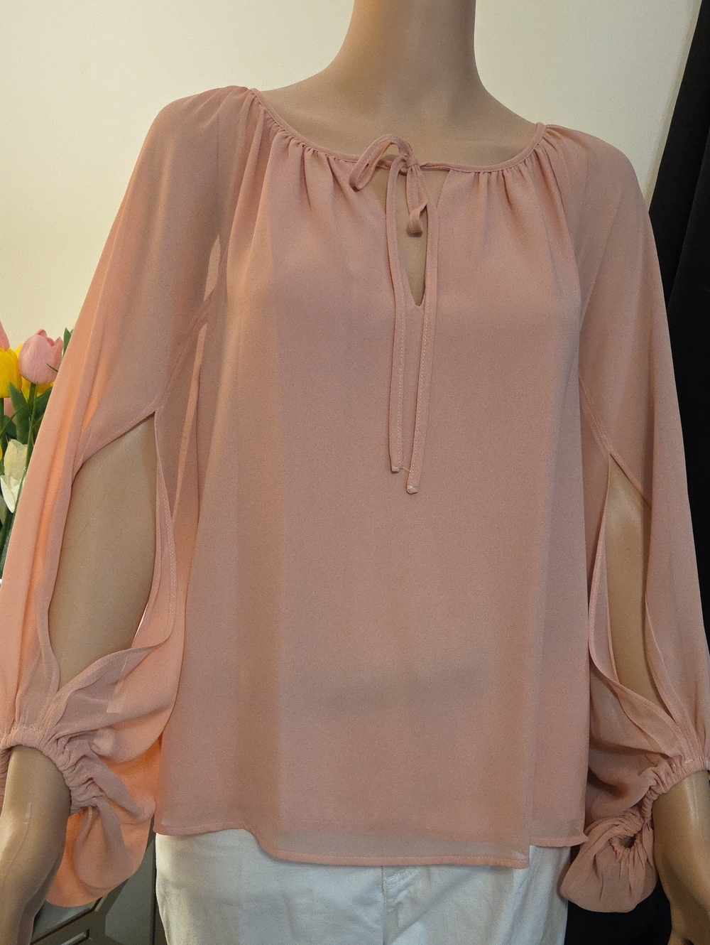 Vince Camuto Blush Split-Sleeve Tie-Neck Blouse